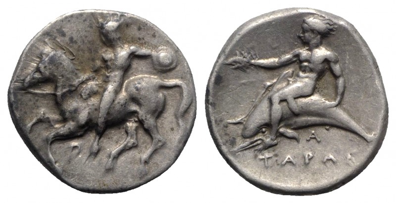 Southern Apulia, Tarentum, c. 380-375/0 BC. AR Nomos (21mm, 7.84g, 3h). Nude war...