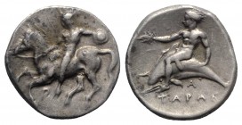 Southern Apulia, Tarentum, c. 380-375/0 BC. AR Nomos (21mm, 7.84g, 3h). Nude warrior, holding shield, on horse galloping l.; Π below. R/ Phalanthos, e...