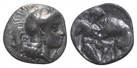 Southern Apulia, Tarentum, c. 380-325 BC. AR Diobol (10mm, 1.14g, 6h). Head of Athena r., wearing crested helmet decorated with circles. R/ Herakles k...