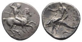 Southern Apulia, Tarentum, c. 332-302 BC. AR Nomos (20mm, 7.97g, 3h). Horseman riding r., holding two spears and shield, preparing to cast third spear...
