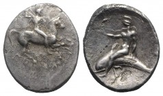 Southern Apulia, Tarentum, c. 302-280 BC. AR Nomos (24mm, 6.73g, 12h). Warrior on horseback r., holding shield and two spears, preparing to cast a thi...
