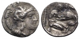 Southern Apulia, Tarentum, c. 325-280 BC. AR Diobol (10mm, 0.90g, 12h). Head of Athena r., wearing crested helmet decorated with Skylla. R/ Herakles s...