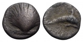 Southern Apulia, Tarentum, c. 325-280 BC. AR Litra (7.5mm, 0.64g, 12h). Shell. R/ Dolphin leaping r. Cf. HNItaly 979. Good Fine