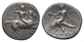 Southern Apulia, Tarentum, c. 280-272 BC. AR Nomos (21mm, 6.26g, 2h). Warror, preparing to throw spear and holding shield and two more spears, on hors...