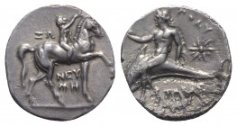 Southern Apulia, Tarentum, c. 280-272 BC. AR Nomos (20mm, 6.18g, 10h). Nude youth crowning horse he rides r.; ZΩ to l., NEY/MH in two lines below. R/ ...