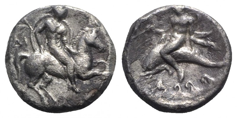 Southern Apulia, Tarentum, c. 272-240 BC. AR Nomos (18mm, 6.23g, 11h). Warrior o...