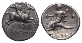 Southern Apulia, Tarentum, c. 272-240 BC. AR Nomos (20.5mm, 6.28g, 3h). Hippoda- and Di-, magistrates. Warrior on horseback riding r., holding spear; ...