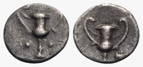 Southern Apulia, Tarentum, c. 280-228 BC. AR Obol (8mm, 0.26g, 12h). Kantharos; three pellets around. R/ Kantharos; tripod to r. Vlasto 1642-3; HNItal...