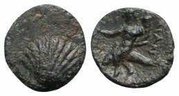 Southern Apulia, Tarentum, c. 275-200 BC. Æ (14mm, 2.61g, 1h). Shell. R/ Phalanthos, holding kantharos and cornucopia, riding dolphin l. Vlasto 1824; ...