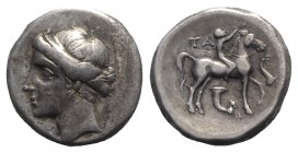 Southern Apulia, Tarentum, Campano-Tarentine series, c. 281-228 BC. AR Didrachm (18mm, 7.24g, 6h). Diademed head of Satyra l., wearing pendant earring...