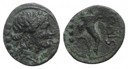 Northern Lucania, Paestum, 218-201 BC. Æ Triens (16mm, 3.25g, 9h). Female head r. wearing ivy wreath; four pellets to l. R/ Cornucopia; four pellets a...