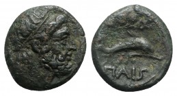 Northern Lucania, Paestum, c. 218-201 BC. Æ Quadrans (14.5mm, 3.33g, 6h). Laureate head of Poseidon r. R/ Dolphin l.; above, caduceus r. Crawford 7/2;...