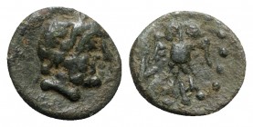 Northern Lucania, Velia, 4th-2nd century BC. Æ (11mm, 1.51g, 3h). Laureate head of Zeus r. R/ Owl standing facing, wings spread. HNItaly 1326; SNG ANS...