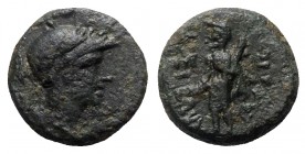 Southern Lucania, Herakleia, 3rd-1st centuries BC. Æ (12mm, 2.65g, 6h). Helmeted head of Athena r.; pelta to l. R/ Herakles standing r., holding phial...