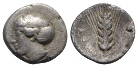 Southern Lucania, Metapontion, c. 430-400 BC. AR Stater (20mm, 6.51g, 6h). Head of Demeter l., hair in net. R/ Barley ear with leaf to r.. Noe 330; HN...