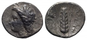 Southern Lucania, Metapontion, c. 330-290 BC. AR Stater (22mm, 7.23g, 12h). Wreathed head of Demeter l. R/ Barley ear with leaf to l.; above leaf, gri...
