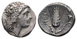 Southern Lucania, Metapontion, c. 290-280 BC. AR Stater (20mm, 7.45g, 3h). Wreathed head of Demeter right; [ΔI] to l. R/ Barley ear of seven grains wi...