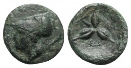 Southern Lucania, Metapontion, c. 300-250 BC. Æ (14mm, 1.69g). Head of Athena l., wearing crested Corinthian helmet. R/ Three barley grains radiating ...