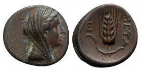 Southern Lucania, Metapontion, c. 300-250 BC. Æ (14mm, 2.70g, 6h). Veiled head of Demeter r., wearing stephane. R/ Grain ear with bud to l.; monogram ...