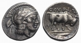 Southern Lucania, Thourioi, c. 443-400 BC. AR Triobol (10mm, 1.17g, 9h). Helmeted head of Athena r., helmet decorated with wreath. R/ Bull standing r....