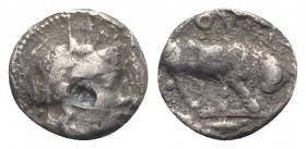 Southern Lucania, Thourioi, c. 443-400 BC. AR Triobol (10mm, 0.90g, 12h). Helmeted head of Athena r. R/ Bull standing r.; in exergue, fish. Cf. HNItal...