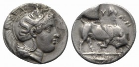 Southern Lucania, Thourioi, c. 400-350 BC. AR Stater (21mm, 7.57g, 6h). Helmeted head of Athena r., helmet decorated with Skylla pointing and holding ...