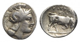 Southern Lucania, Thourioi, c. 350-300 BC. AR Triobol (10mm, 0.90g, 9h). Head of Athena r., wearing crested Attic helmet decorated with Skylla. R/ Bul...