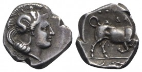 Southern Lucania, Thourioi, c. 300-280 BC. AR Triobol (10mm, 1.13g, 9h). Head of Athena r., wearing Attic helmet decorated with Scylla hurling rock. R...