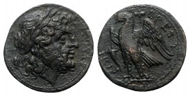 Bruttium, The Brettii, c. 214-211 BC. Æ Unit (21mm, 7.34g, 7h). Laureate head of Zeus r.; grain ear behind. R/ Eagle standing l., with wings spread; c...