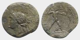 Bruttium, The Brettii, c. 214-211 BC. Æ Half Unit (17mm, 2.98g, 3h). Head of Nike l., wearing stephanos; grain ear behind neck. R/ Zeus standing r., w...