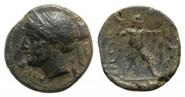 Bruttium, The Brettii, c. 214-211 BC. Æ Half Unit (17mm, 4.12g, 5h). Head of Nike l., wearing stephanos; grain ear behind neck. R/ Zeus standing r., w...