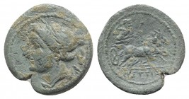 Bruttium, The Brettii, c. 211-208 BC. Æ Half Unit (16.5mm, 3.11g, 12h). Diademed and winged bust of Nike r. R/ Zeus driving biga r.; plow below. HNIta...