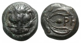 Bruttium, Rhegion, c. 425/0-415/0 BC. Æ Pentonkion(?) (16mm, 5.38g, 3h). Facing lion scalp. R/ Ethnic between olive leaves. HNItaly 2520; SNG ANS 680-...