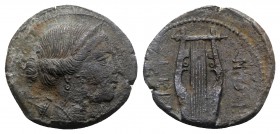 Bruttium, Rhegion, c. 260-215 BC. Æ (23mm, 6.87g, 12h). Bust of Artemis r., quiver at shoulder. R/ Lyre; cornucopia at upper l. HNItaly 2546; SNG ANS ...