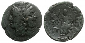 Bruttium, Rhegion, c. 215-150 BC. Æ Pentonkia (25mm, 10.54g, 2h). Janiform female head. R/ Askelpios seated l., holding sceptre; Π (mark of value) in ...