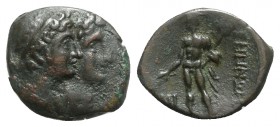 Bruttium, Rhegion, c. 215-150 BC. Æ Tetrachalkon (16mm, 2.91g, 6h). Jugate heads of the Dioskouroi r., wearing piloi and laurel wreaths; spear-head to...