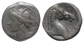 Carthaginian Domain, Sardinia, c. 264-241 BC. Æ (18mm, 5.19g, 9h). Wreathed head of Kore-Tanit l. R/ Head of horse r. Piras 1; SNG Copenhagen (Africa)...