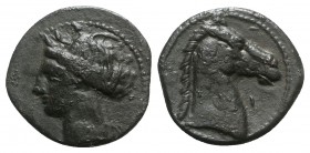 Carthaginian Domain, Sardinia, c. 264-241 BC. Æ (21mm, 4.73g, 12bh). Wreathed head of Kore-Tanit l. R/ Head of horse r.; letter before. Cf. Piras 51; ...