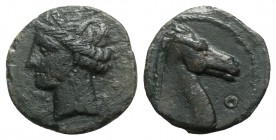 Carthaginian Domain, Sardinia, c. 264-241 BC. Æ (19mm, 4.61g, 9h). Wreathed head of Kore-Tanit l. R/ Head of horse r.; letter before. Piras 54; SNG Co...