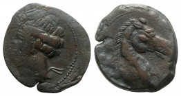 Carthaginian Domain, Sardinia, c. 264-241 BC. Æ Dishekel (30mm, 12.64g, 9h). Wreathed head of Kore-Tanit l. R/ Head of horse r. Cf. Piras 70; cf. SNG ...