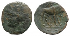 Carthaginian Domain, Sardinia, c. 216 BC. Æ (19mm, 3.98g, 1h). Wreathed head of Kore-Tanit l.; letter below chin. R/ Bull standing r.; star above; let...