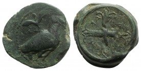 Sicily, Agyrion, c. 440-420 BC. Æ Hemilitron (24mm, 17.65g). Eagle standing l.; olive-sprig above. R / Wheel of four spokes. Campana 1A; CNS III, 21; ...