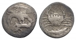 Sicily, Akragas, c. 420-410 BC. AR Hemidrachm (15mm, 1.86g, 9h). Eagle r., clutching hare in talons. R/ Crab; below, fish r. Westermark, Coinage, 545;...