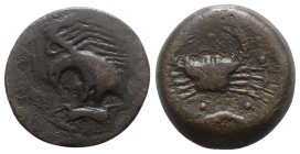 Sicily, Akragas, c. 415-406 BC. Æ Hemilitron (27mm, 13.04g, 9h). Eagle standing l. on hare, head lowered. R/ Crab; crayfish below; six pellets around....
