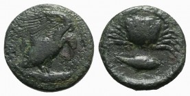 Sicily, Akragas, c. 415-406 BC. Æ Hexas (18mm, 5.86g, 11h). Eagle, with head lowered, standing r. on fish. R/ Crab; fish r. below; two pellets on eith...
