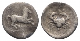Sicily, Akragas, c. 338-317/287 BC. AR Hemidrachm(?) (14mm, 1.84g, 7h). Horse running r. R/ Crab; pellet below. SNG ANS 1110; HGC 2, 109. Rare, porous...
