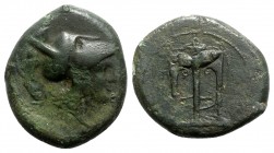 Sicily, Ameselon, c. 340-330 BC. Æ Hemilitron (29mm, 14.98g, 9h). Helmeted head of Athena r. R/ Tripod. Campana 1; CNS III, 1; HGC 2, 224. Rare, green...