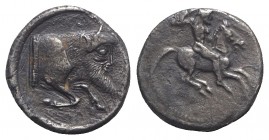 Sicily, Gela, c. 490/85-480/75 BC. AR Didrachm (21mm, 8.32g, 11h). Nude horseman galloping r., brandishing a spear overhead. R/ Forepart of man-headed...