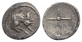 Sicily, Gela, c. 480/75-475/70 BC. AR Obol (9mm, 0.45g). Forepart of man-headed bull r. R/ Wheel with four spokes. Jenkins, Gela, Group II; HGC 2, 372...