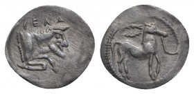 Sicily, Gela, c. 465-450 BC. AR Litra (13mm, 0.53g, 6h). Horse advancing r.; wreath above. R/ Forepart of man-headed bull r. Jenkins, Gela, Group III;...